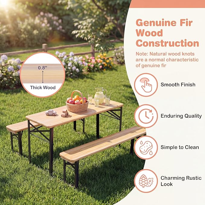 HONEY JOY Kids Picnic Table, 43.5 Inch Folding Toddler Outdoor Table & 2 Benches, Fir Wood Top & Metal Frame, No Assembly, Portable Easy to Store Camping Table and Chairs for Patio Backyard (Black)