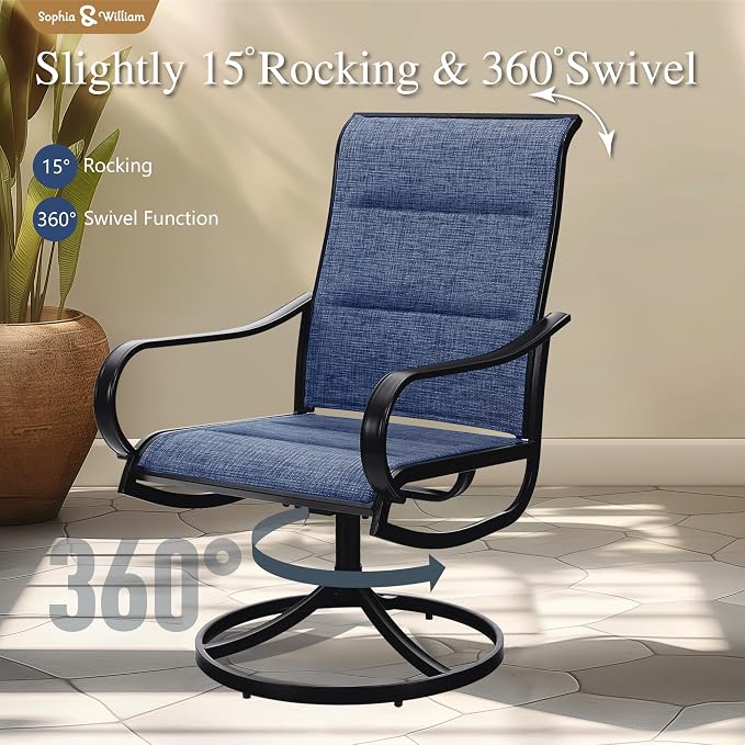 Sophia & William Patio Dining Set for 8, Metal Table w/Swivel Chairs, Blue | High-back & Padded, Square, Umbrella Hole, Durable Material, Ergonomic design, weather resistant, Outdoor backyard deck