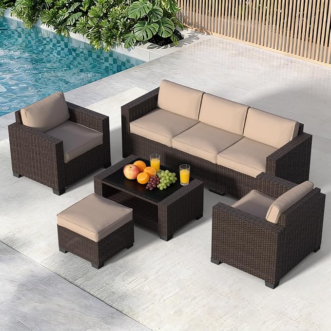 YLGJ&TIDY 7 PCS Outdoor Patio Wicker Furniture Set Sofa with Coffee Table | All Weather Rattan Woven Patio Conversation Set with Khaki Thicken Cushion and Tempered Glass Table for Garden Backyard