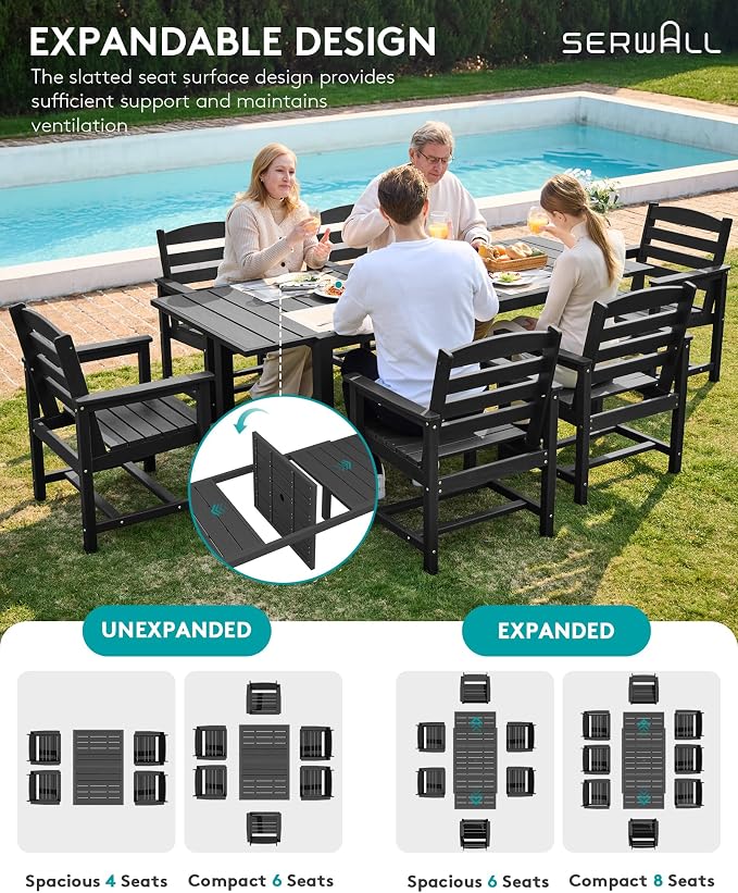SERWALL 60" - 83" Expandable Outdoor Dining Table and 6 HDPE Chairs, Black | Outdoor Dining Set for 6, All Weather Aluminum and HDPE Outdoor Furniture Set, Extendable Patio Dining Table