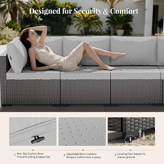 WWR Patio Furniture Set 7 Piece - All-Weather - Wicker Rattan Patio Outdoor Conversation Set, Modular Sectional Sofa for Backyard, Garden, Poolside, Balcony, Porch, Patio, Brown/Light Gray