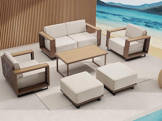 7 Pieces Outdoor Patio Furniture Set, PE Rattan Weaving Sofa with 10 inch Thick Cushions, Dining Table and Coffee Table with Steel Frame and Wooden Board, Brown/Light Gray Linen