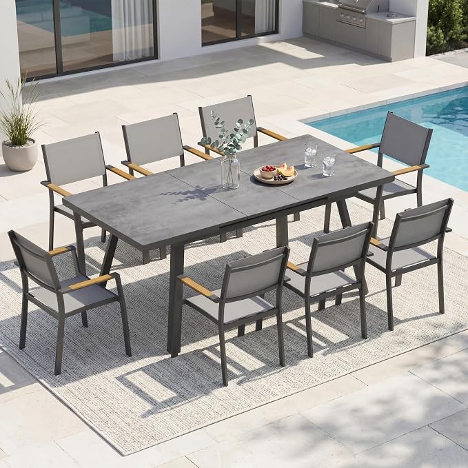 RoyalCraft 9-Piece Outdoor Dining Set with Adjustable Length Dining Table, 75" L×36" W Expandable Patio Table and Chairs Set for 8, Aluminum Stackable Chairs with Quick Drying Fabric for Porch, Grey