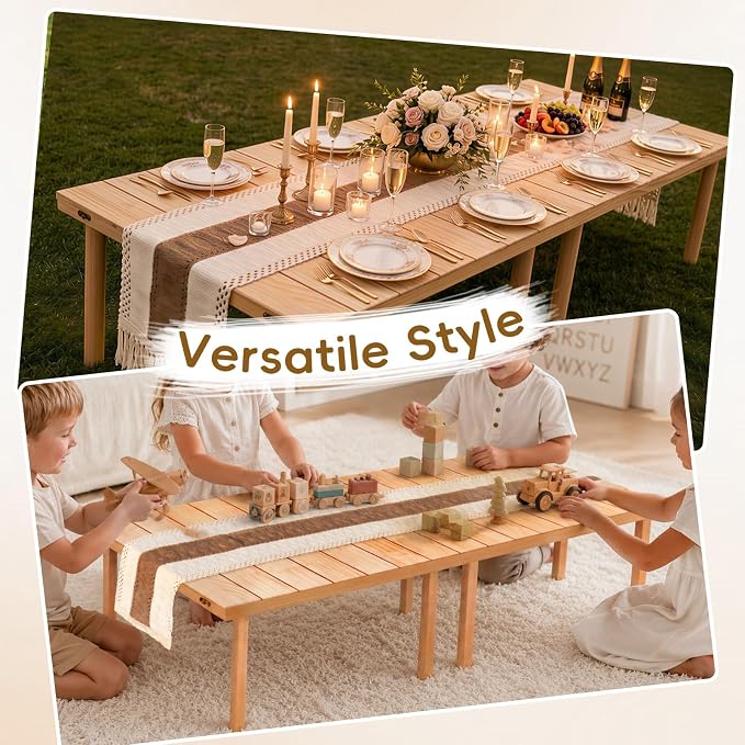 60"x30" Low Folding Picnic Table, Portable Boho Floor Table with Tablecloth, Ideal for Camping, Wedding, Beach, Garden, Party