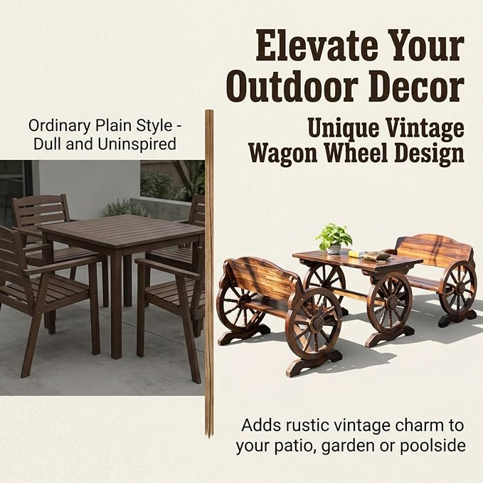 3 Pieces Patio Dining Set, Outdoor Wooden Rectangular Table and Benches,Rustic Wheel Bench Outside Furniture Set for Patio Porch,Deck, Lawn, Garden and Backyard(47in)
