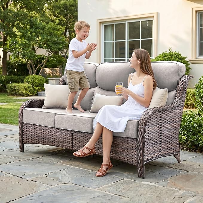 Luxury High Back Outdoor Furniture with 6-Inch Thick Cushions, Patio Furniture Set with Swivel Chairs, 7 PCS Wicker Conversation Set for Porch, Balcony, Deck and Yard
