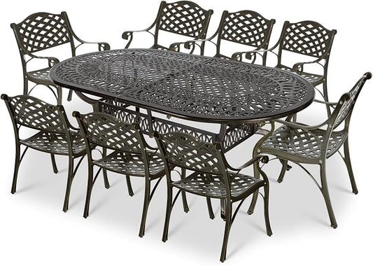 VIVIJASON 9-Piece Outdoor Dining Set, All-Weather Cast Aluminum Retro Patio Dining Set, Include 8 Chairs and an Oval Table with Umbrella Hole for Balcony Lawn Garden Backyard
