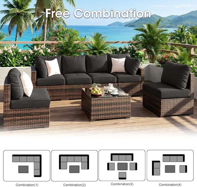 Grezone Patio Furniture Set 7 Piece Outdoor Wicker Sectional Sofa - All Weather High Backrest PE Rattan Couch Conversation Set with Cushion & Glass Top Table for Backyard Deck Porch Black