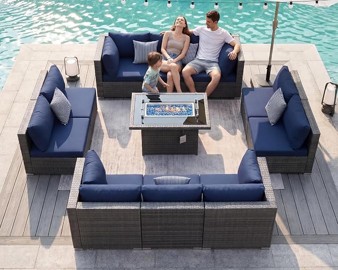 BULEXYARD 11 Piece High Back Outdoor Patio Set with Firepit, Extra Large Backyard Furniture Sectional Couch 10-Seater Modular, XL Big Wide Deep Outside Seating Area for Exterior, Grey & Navy Blue