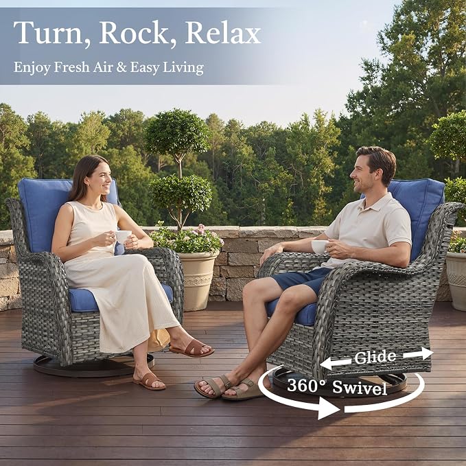 Outdoor Swivel Rocker Patio Chairs-Wicker Patio Swivel Chairs Set of 2 PE Rattan Patio Furniture for Porch Deck Balcony Garden-Grey/Blue