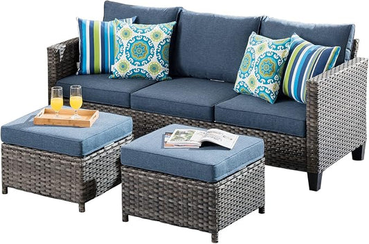 ovios 3 Pieces Patio Furniture Set Outdoor Sofa with Ottomans, Wicker Rattan Couch with Footrests Comfy Cushions, All Weather Sofas Couches for Porch Backyard Garden, Denim Blue