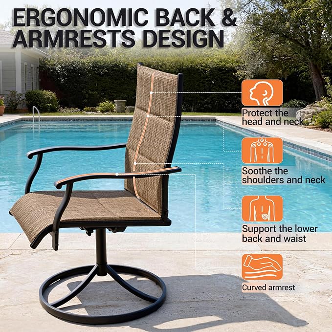 Patio Swivel Rocker Chairs Set of 4,Outdoor Dining Chairs High Back,15° Gentle Rocking Patio Chair with Padded Textilene, Metal Frame for Poolside Lawn Garden,Brown(4 PCS)