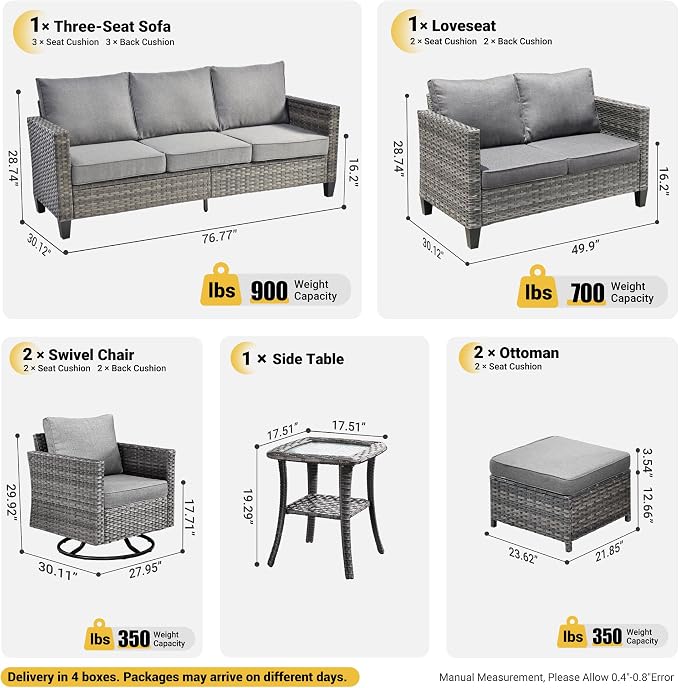 ovios 7 Pieces Patio Furniture Set, Outdoor Wicker Sofa Couch with Swivel Chairs, Rocking Glider Rocker with Comfy Cushions All Weather Rattan Conversation Set, Dark Grey