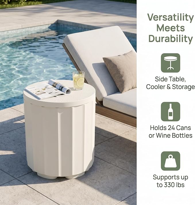 Zapdos 3-in-1 Outdoor Cooler Side Table, Dense Fluted Design, 330lbs Capacity Patio Ice Bucket