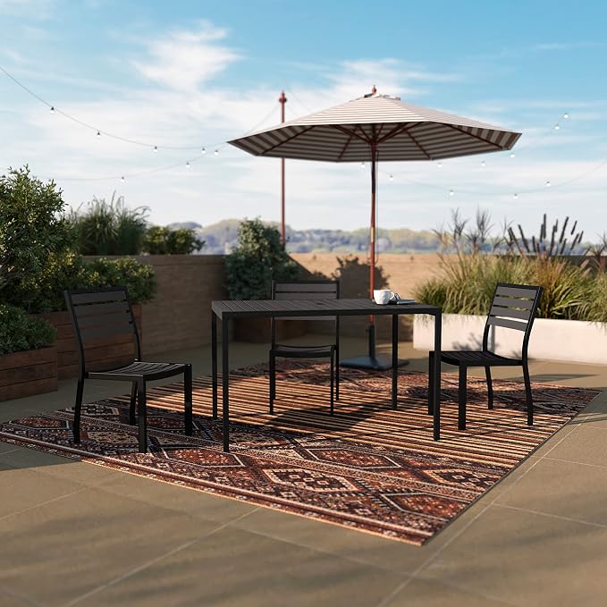 Taylor & Logan Lark Outdoor Dining Table with Synthetic Gray Wash Teak Poly Slats - 30" x 48" Steel Framed Restaurant Table with Umbrella Holder Hole