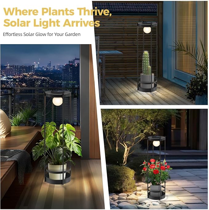 Outdoor Solar Floor Lamp with Plant Stand 2 in 1 Heavy-Duty Metal Flower Pot for Real/Fake Flowers, Adjustable Height, Waterproof Dusk to Dawn, Standing Light for Patio, Yard, Garden (35.5"H - 1Pack)