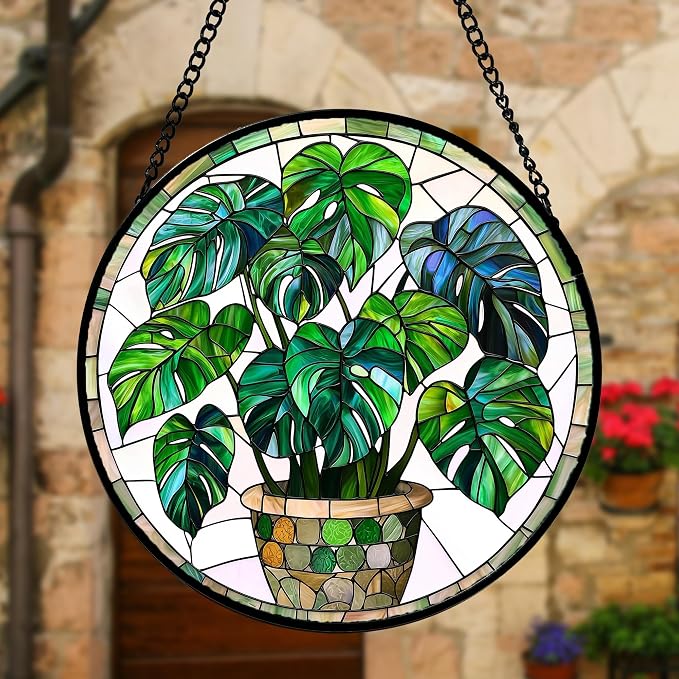 DASTOLL Stained Glass Window Hanging, Green Plant Monstera t Suncatcher Diamond Colorful Glass Panel Sun Catchers Decor for Birthday for Women, Men, Wife, Aunt, and Mom 9.8 in
