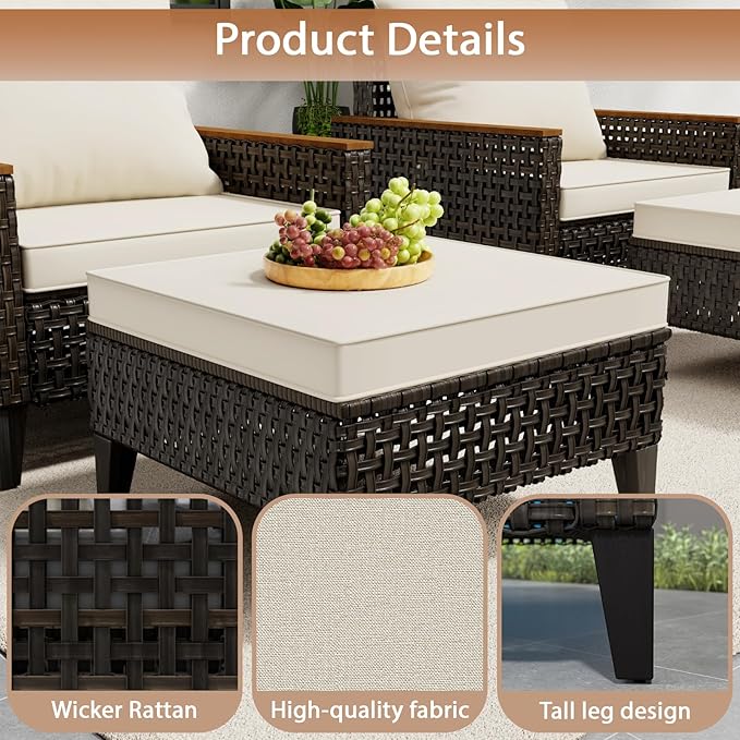 8 Piece Patio Sectional Sofa Set with 50000 BTU Fire Pit Table, All-Weather Wicker Rattan Outdoor Conversation Set, High Back, for Garden, Porch, Poolside, Beige