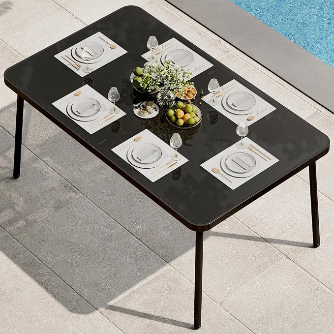 GarveeLife 59 in Tempered Glass Patio Dining Table with Metal Frame, 4-6 Person Rectangular Table for Porch Balcony Backyard Poolside, Black