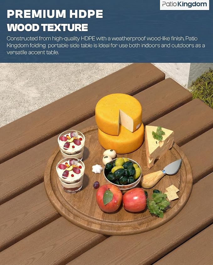 Outdoor Folding Side Table, Lightweight & Space-Saving Design, All-Weather HDPE Material, Realistic Wood-Grain Finish(Teak,1 Table)