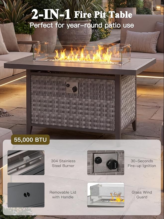 13-Piece Outdoor Conversation Set with 43" Fire Pit Table, 8 Swivel Rocking Chairs (4" Cushions) & 4 Side Tables, All-Weather PE Rattan & Steel Frame for Porch, Deck, Backyard, Beige