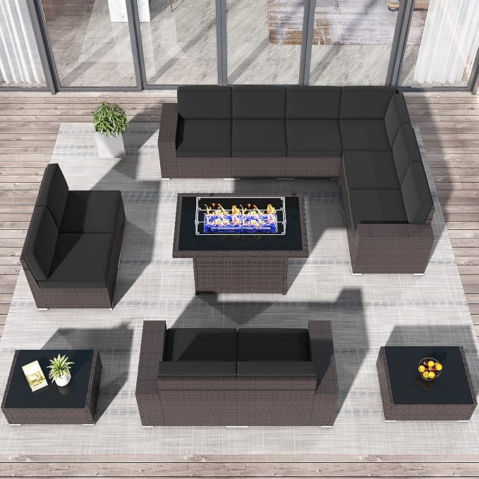 13 Pieces Patio Furniture Set with 44" Propane Gas Fire Pit Table, Outdoor Sectional Brown Rattan Wicker Conversation Sofa Sets with Coffee Table