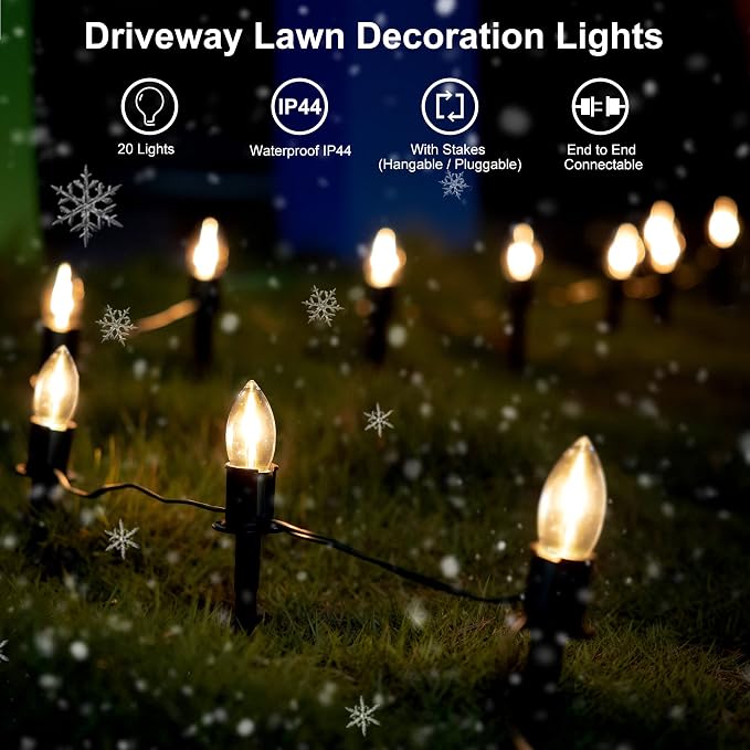 TIORIY Christmas Pathway LED Lights Outdoor, 20 Lights C9 Walkway Lights with Stakes, 24.2ft Clear Driveway Christmas Lights for Pathway, Warm White, Extendable for Outdoor Decorations