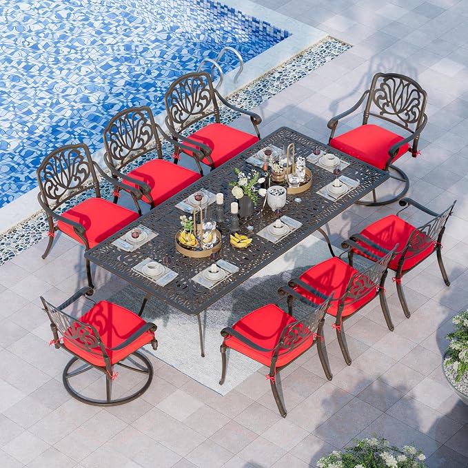 Grepatio 9 Piece Cast Aluminum Patio Furniture Set Outdoor Dining Set Bistro Furniture Set with 6 Chairs 2 Swivel and Dining Table with Umbrella Hole, 8 Cushions for Backyard Garden (Red)