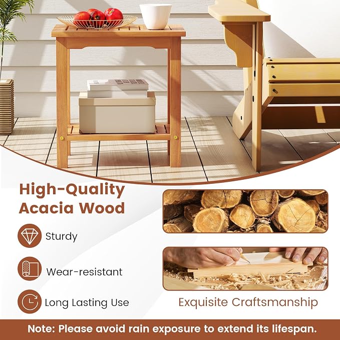 HAPPYGRILL Acacia Wood Patio Side Table, 2-Tier Accent Table with Slatted Tabletop & Storage Shelf, Wooden End Table for Living Room Poolside Balcony Porch (1)