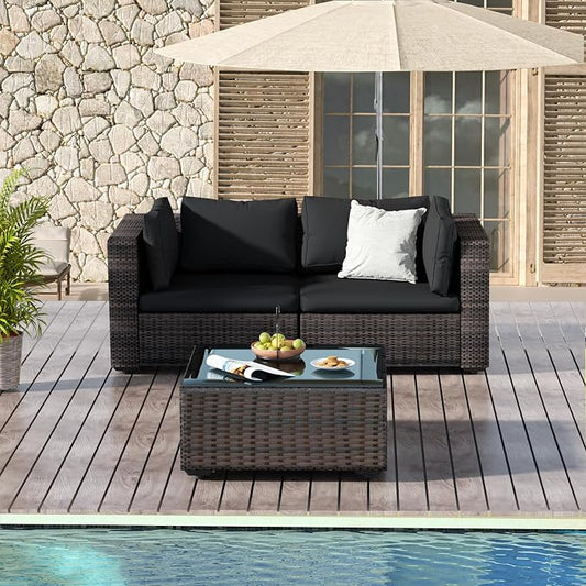3 Piece Patio Furniture Set All Weather PE Rattan Outdoor Sectional Sofa Couch with No-Slip Cushions and Glass Top Table for Garden, Poolside, Backyard (Black)