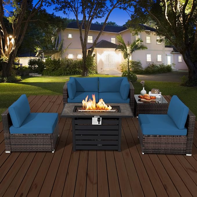 Tangkula 6-Piece Patio Furniture Set with 42 Inches Propane Fire Pit Table, Outdoor Wicker Conversation Set with Cushions and Tempered Glass Coffee Table, 50,000 BTU Gas Fire Pit Table (Navy)