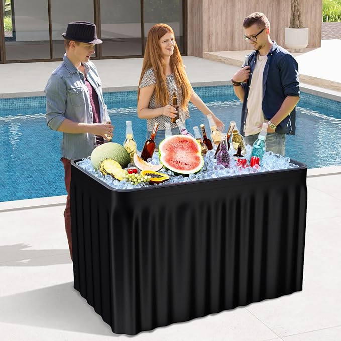 Folding Ice Cooler Table with Drain & Removable Matching Skirt, No Assembly Outdoor Cooler Side Tables, Beverage Fill and Chill Tables, Portable Ice Table for Party BBQ Camping Wedding