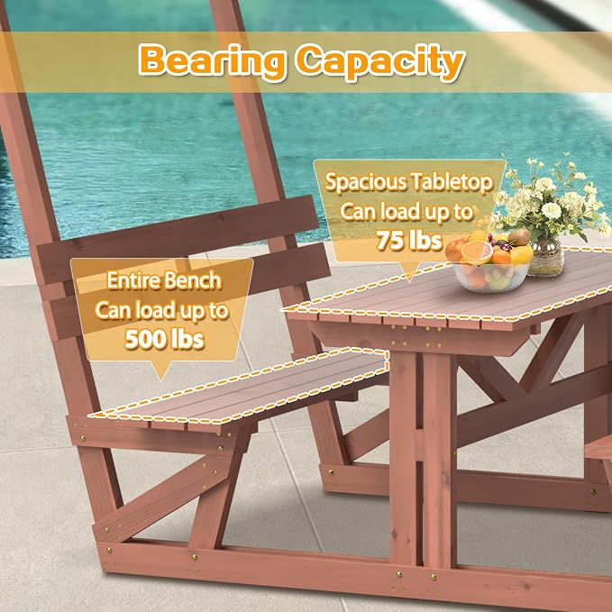 Outdoor Solid Wood Picnic Table with Bench Set & Removable Waterproof Canopy, All-Weather Commercial Camping Table for School, Patio Garden Deck Park Beach, Brown