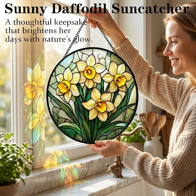 Birthday Gifts for Women - Yellow Daffodils Faux Stained Glass Window Hanging Sun Catcher for Door Garden Acrylic Decor Mother's Day Christmas for Mom Men Nana Grandma Sisters 7.8"