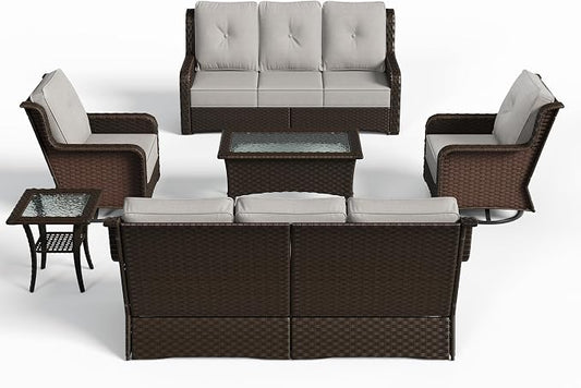 Sundale Outdoor 6 Piece Wicker Patio Furniture Set, High Back Outdoor Couch with Swivel Chairs & Coffee Table, 6" Thick Cushion Patio Conversation Sets with Deep Seating for Yard, Deck (Grey)