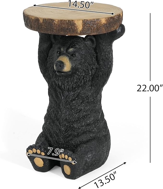 Black Bear Side Table Pedestal End Table Stool, MGO Bear Statue Hand Painted Sculpture for Home, Office, Living Room & Outdoor Decor,No Assembly Required