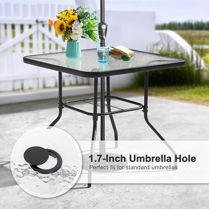 NUU GARDEN 5 Piece Patio Dining Set, Metal Outdoor Table with 31.5" Square Table and Umbrella Hole, 4 Stackable Chairs, Patio Furniture for Lawn Balcony Garden, Blue and Black