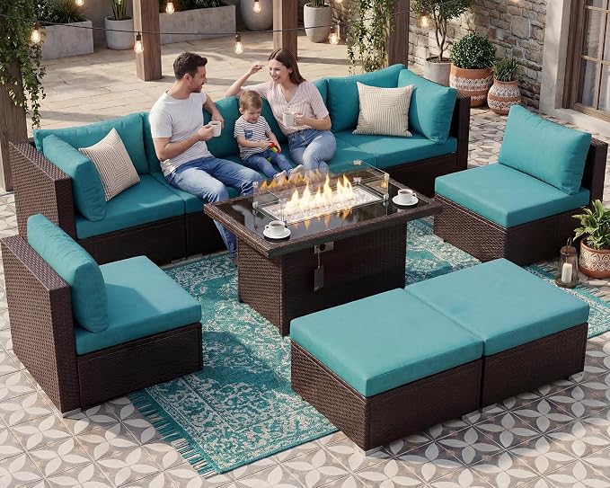 NICESOUL Large Outdoor Patio Furniture Set with Firepit Propane/Natural Gas, High-End Deep Seats Wicker Modular Sectional Sofas for 8, 29.3'' High Back Conversation Sets, Brown Rattan and Teal Cushion