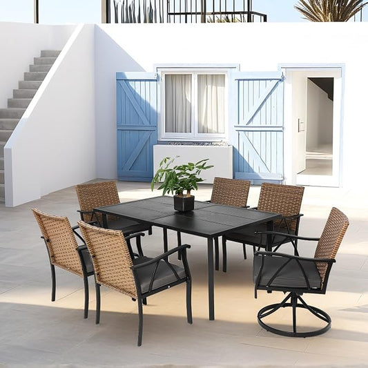 GDFStudio 7 Piece Patio Dining Set,Outdoor Wicker Furniture Set for Backyard Garden Deck Poolside with 2 Cushions Swivel Rocker Chairs,4 Cushions Chairs,Table Top, Removable Cushions