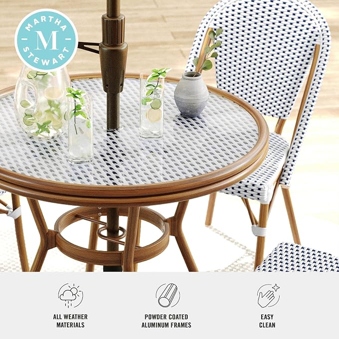 Martha Stewart Lily Pond 31” Round Indoor-Outdoor Bistro Dining Table with Aluminum Frame in Gray Woodgrain and Rattan Top in White/Gray with Tempered Glass Top