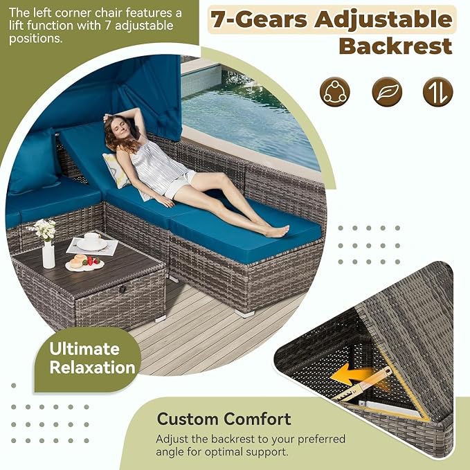 6-Piece Outdoor Patio Furniture Set with Retractable Canopy, Grey Rattan Sectional Sofa with Adjustable Backrest, Conversation Set for Garden Deck Backyard Lounge Area(Green)