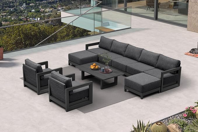 PURPLE LEAF Patio Furniture Set Enclosed Outdoor Couch with 9.6" Thick Cushion and Soft Pillows 10 Piece Outdoor Sectional Sofas with Table Modern Outdoor Conversation Sets for Yard Porch Deck, Grey