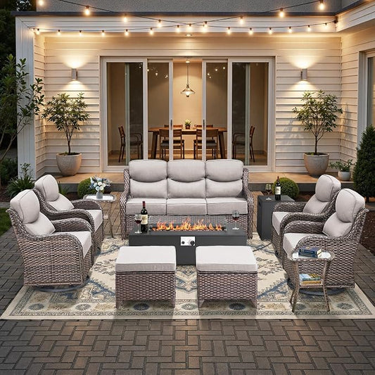 HUMMUH Luxury Patio Furniture Set 6-inch Thick Cushions High Back Swivel Rocker Chairs & 3 Seater-Couch & Steel Fire Pit Table 11 Pieces Outdoor Conversation Set for Porch,Deck,Backyard