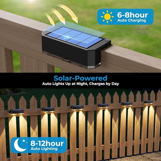 6 Pack Solar Fence Lights Outdoor, Railing Light Solar Powered, IP65 Waterproof Led Deck Solar Lights for Outside Backyard Balcony Porch, Warm White