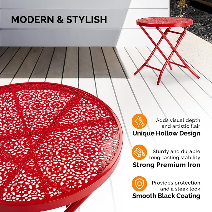 VINGLI Outdoor Folding Side Table with Chic Hollow Pattern and Durable, Rust-Resistant Coated Iron Patio Bistro Table Suitable for Indoor & Outdoor Porch, Deck, Balcony and Pool,Red