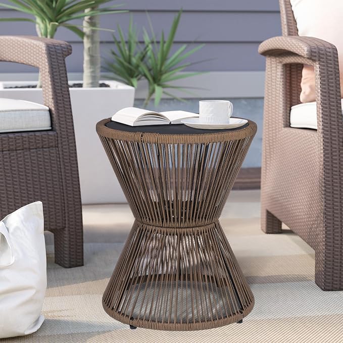 SUNNYPARK Outdoor Side Table 20'' H Small End Tables Woven Rope Weather Resistant with Glass Top Round Coffee Table for Indoor Balcony Patio Poolside (Brown)