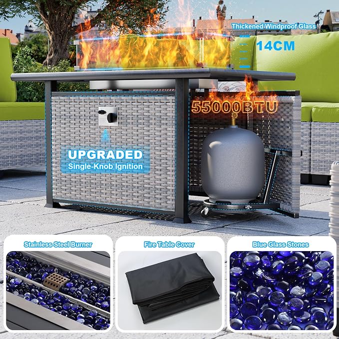 13-Piece Patio Furniture Set, Outdoor Patio Furniture with Swivel Chairs Set, Ottomans, 55,000 BTU Fire Pit Table, Modular Patio Sofa, Dual-Strand Rattan, Rust-Resistant Frame, Grass Green