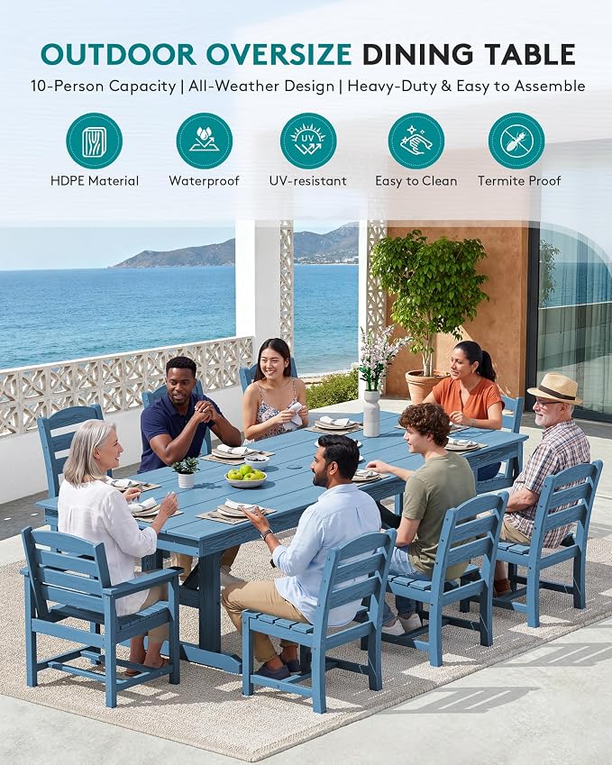 SERWALL 9 Piece Outdoor Dining Set, 84" HDPE Outdoor Table with 6 Armless Chairs and 2 Armchairs ，All Weather Patio Dining Furniture Set with Umbrella Hole for Backyard, Garden, Blue