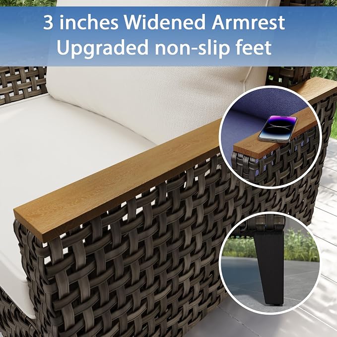 7 Piece Outdoor Sectional Sofa Set, All-Weather Wicker Rattan Patio Furniture Set with High Backrest and Thick Cushions for Garden, Porch, Poolside, Beige