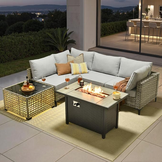 6 Pieces Patio Furniture Set with 42" Fire Pit, All-Weather Rattan Outdoor Sectional Conversation Sets L Shaped Sofas with Solar Light Coffee Table for Porch Balcony Backyard Grey